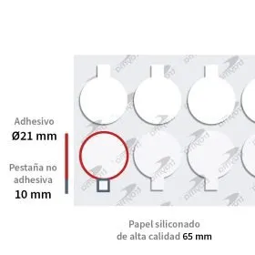 Detalle medidas adhesivo troquelado de doble cara extra-fuerte con fingerlift en círculos - Troqueline - Trayma.