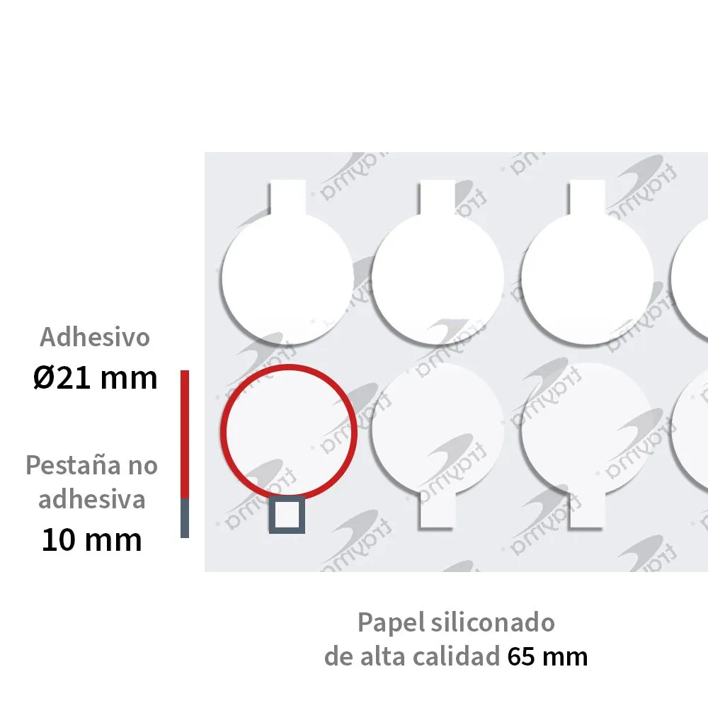 Detalle medidas adhesivo troquelado de doble cara extra-fuerte con fingerlift en círculos - Troqueline - Trayma.