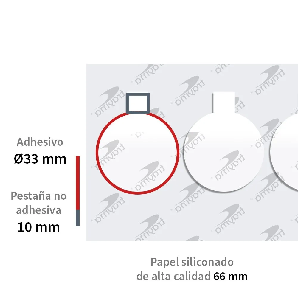 Detalle medidas adhesivo troquelado de doble cara extra-fuerte con fingerlift en círculos - Troqueline - Trayma.