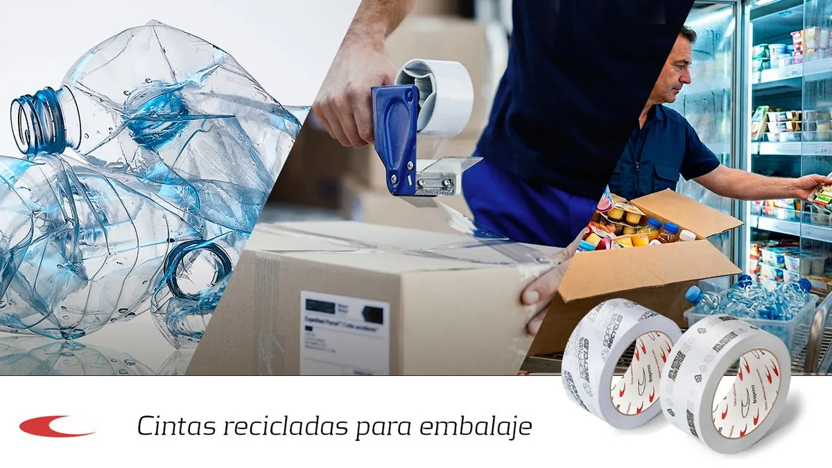 Cintas adhesivas recicladas para embalaje sostenible con cajas cerradas, botellas PET recicladas y bobinas de cinta.