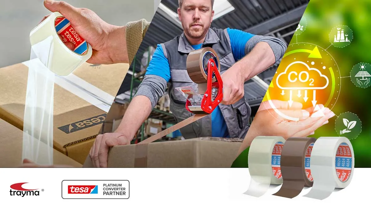 Imagen de portada cinta adhesiva de embalaje para el precintado de cajas de cartón tesa 4024 Next Gen. Se ve la cinta adhesiva, un trabajador precintando una caja de cartón y una imagen ilustrativa de sostenibilidad.