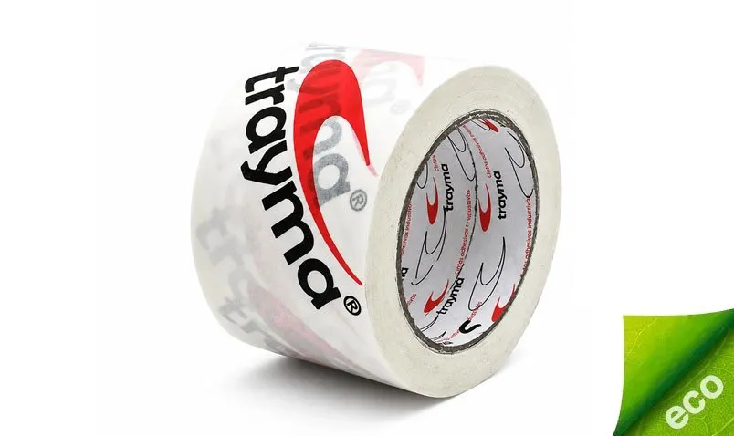 Rollo de cinta adhesiva de papel kraft blanco personalizado con logotipos impresos. Emblema de eco, embalaje más sostenible.